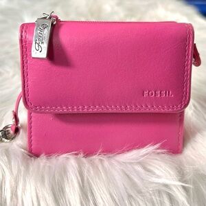 FOSSIL Genuine Leather Mini Bifold Silver Snap Wallet in Fuchsia - Vintage; EUC